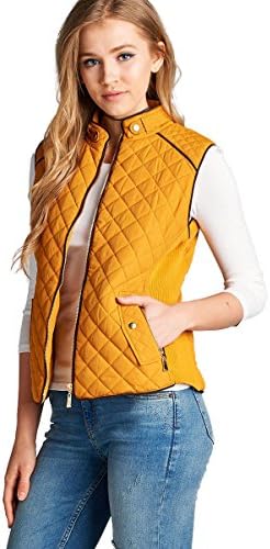 Women's Basic Solid Quilted Padding Jacket Vest Suede Piping Details With Pockets (Medium, Dark Mustard)