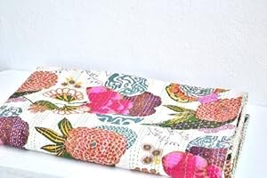 Sophia-Art Twin/King Indian Fruit Reversible Bedspread Pattern Gudri Pure Cotton Kantha Style Quilt Floral Fruit Print Decorative Kantha Stitch Quilt (White, King 90 * 108 Inches)