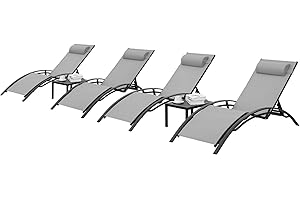 AthLike 3 pcs Poolchairs Patio Chaise Lounge Set with Headrest, 5-Level Adjustable Sunbathing Tanning Poolside Recliner Chairs with Side Table for Outdoor Beach (Grey, 4 Chairs and 2 Tables)