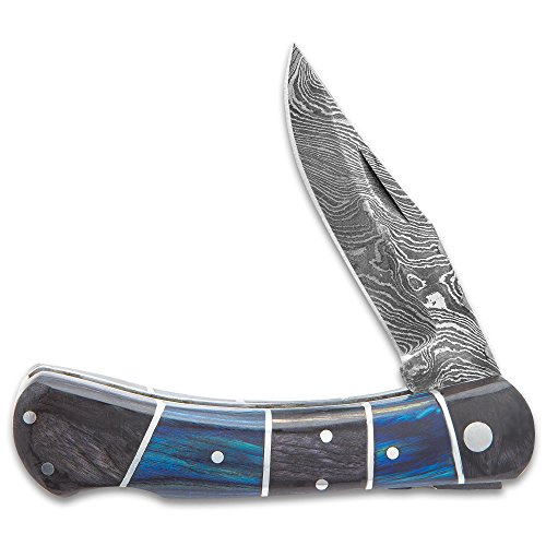 Timber Wolf Rainshadow Handmade Pocket Knife/Folder - Hand Forged Damascus Steel, File Worked Scalloping - Royal Blue and Smoky Black/Gray Pakkawood - Collectible, Everyday Carry, Gift - 4" Closed - Thumbnail 3