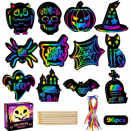 MGparty Scratch Paper Art for Kids - 96 Pcs Halloween Magic Rainbow Scratch Paper Off Cards Set for Kids Crafts Arts Supplies Halloween Party Games Ornaments Birthday Gift