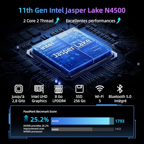 BMAX B3Pro Mini PC, Intel Celeron N4500 (up to 2.8GHz), 8GB DDR4 RAM + 256GB M.2 SATA/NVMe SSD, Win-11Pro, Micro Desktop Computer, WiFi 5, BT5.0, Dual Display 4K Tower PC for School/Office