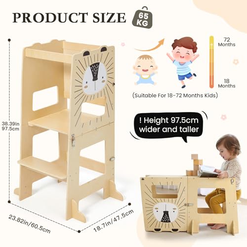labebe Montessori Tower Kids (98cm Height), Large Size Wooden Folding Montessori Tower, 3 in 1 Kids Desk and Chair Set Transformable with Chalkboard