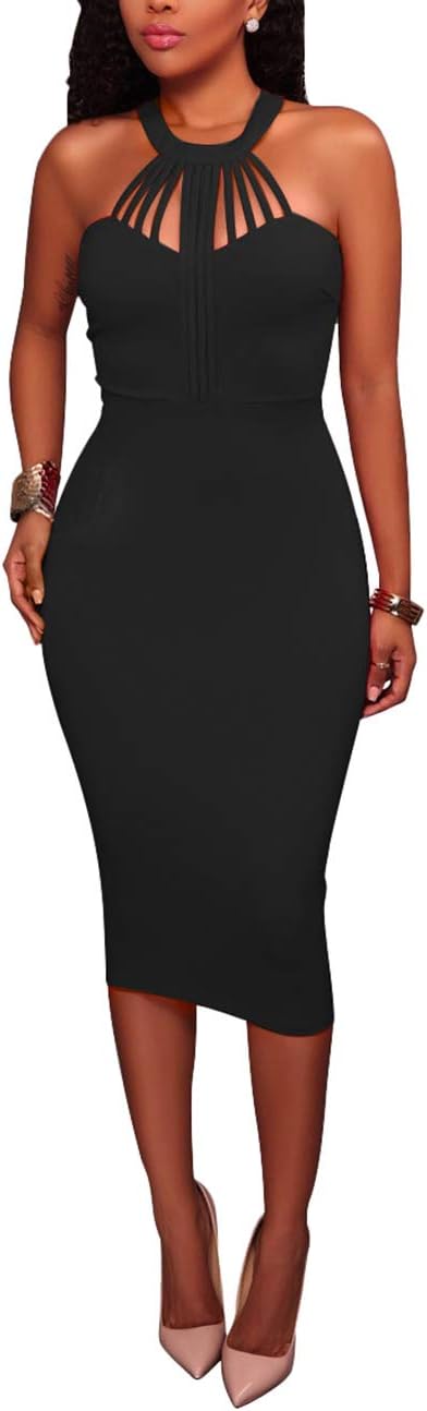 Women's Bodycon Sleeveless Hatler Zipper Sexy Party Midi Dress Clubwear