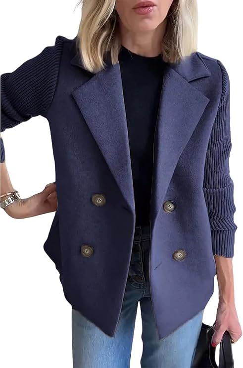 Photo 1 of CHARTOU Women's Cropped Wool Blend Coat Fall Knit Sweater Blazer Notch Lapel Double Breasted Pea Coat Jacket (XX-Large, Dark Blue)