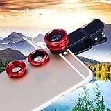 New Clip Lens Apexel 3 in 1 Phone Lens Kit 180 Degree Fisheye + 0.65x Supreme Wide Angle + 10x Macro Lens for Iphone Samsung Phones Tablets Red