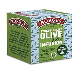 Borges Stress Relief Olive Leaf Basil Infusion Tea | 2x Antioxidants than Green Tea, No Caffeine, No Added Flavour – 10…