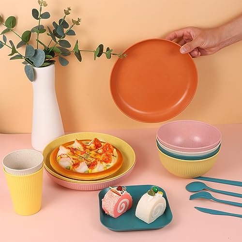 Hutuzldz Wheat Straw Dinnerware Sets, Kids Plates and Bowls Sets, Plastic Unbreakable Microwave Dishwasher Safe Tableware, Lightweight Reusable Kitchen Set Travel Camping RV Dishes