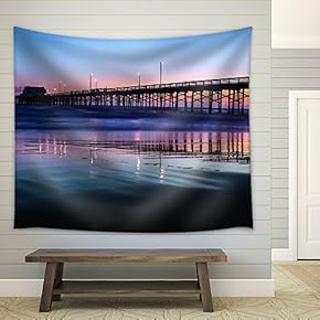 Bridge Pier and Reflection Above The Sea at Dawn - Fabric Wall Tapestry Home Decor - 51x60 inches