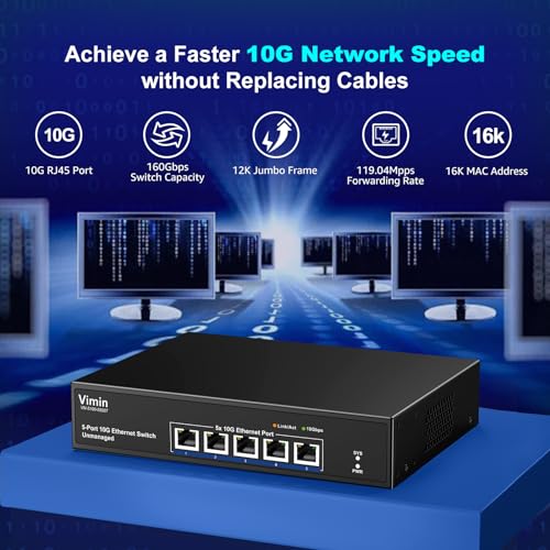 VIMIN 10G 5 Port Unmanaged Ethernet Switch, 10Gbe Network Switch Supports 100M/1000M/2.5G/5G/10G Automatic Speed Negotiation, for 100Gbps Capacity