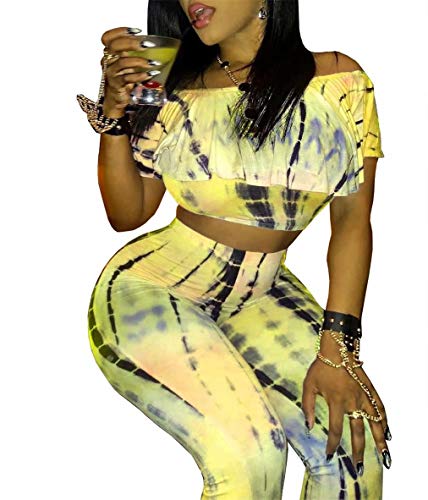 LROSEY Women Summer Ruffle Off The Shoulder Tops Short Sleeve Shirts 2 Piece Outfits Wide Leg Pants Set Plus Size
