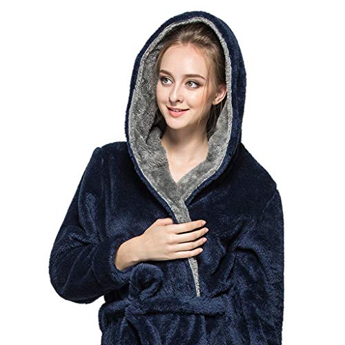 Clearance Men Women Couple Warm Plush Shawl Bathrobe Lengthen Thicken Hooded Homewear Sleepwear Kimono Robe Coat (Navy, Large)