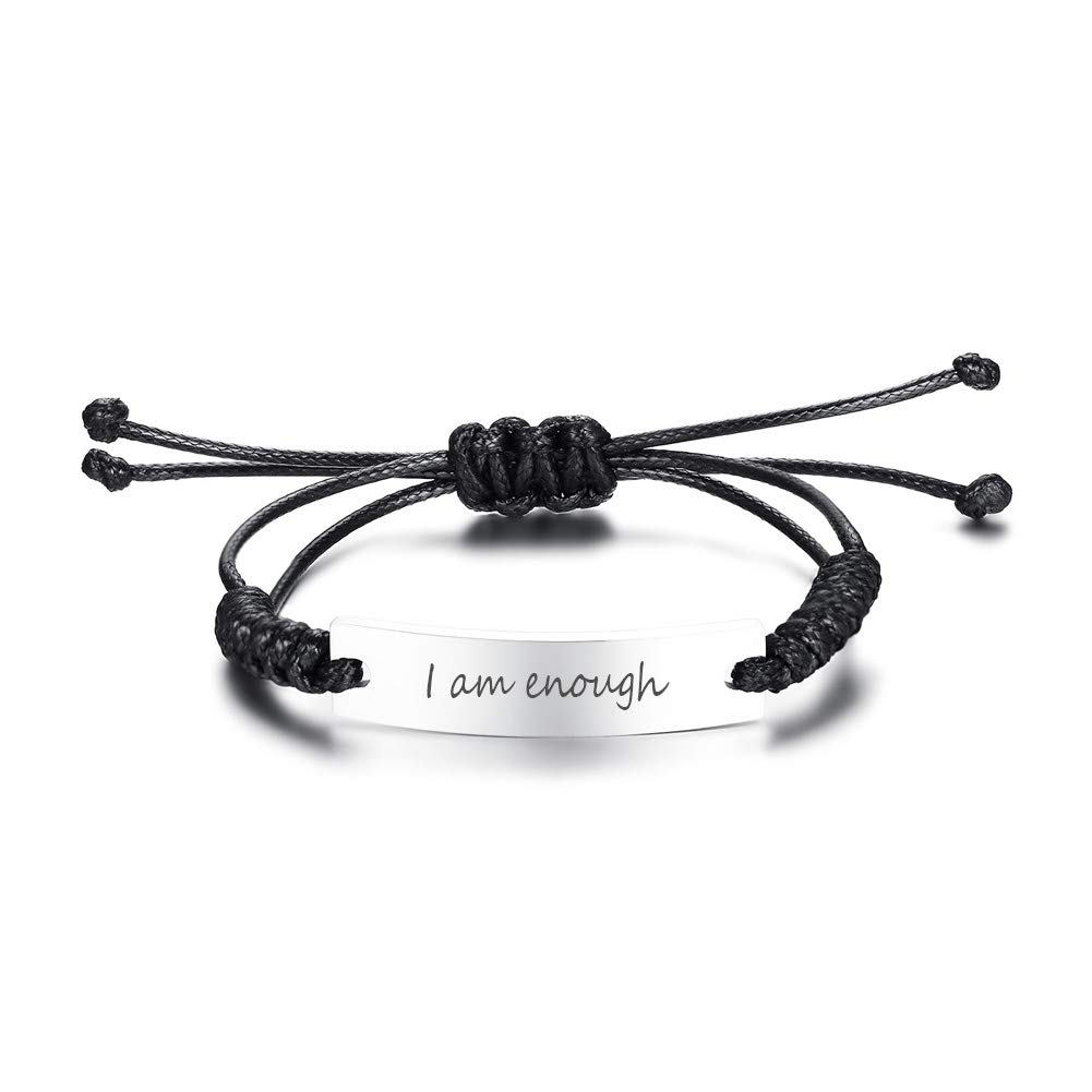 PJ JEWELLERY I am enough Stamped Waxed Cotton Cord Macrame Bracelet Stainless Steel ID Plate with Positive Motivational Message Encouragement Gifts for Boys Friend Girls