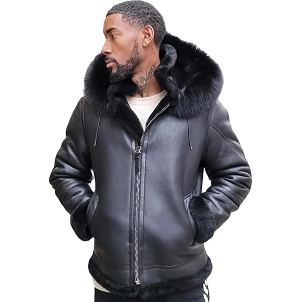 Mens Black Bomber Winter Warm Genuine Sheepskin Faux Fur