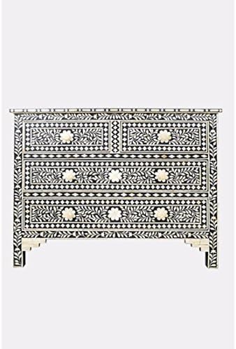 Macrame Art Modern Design Floral Bone &amp; Horn Inlay Epoxy Resin Rectangular Floral Black &amp; White Drawer/Organizer Set, Includes 4 Drawers With Wooden Holder, Rustic Finish