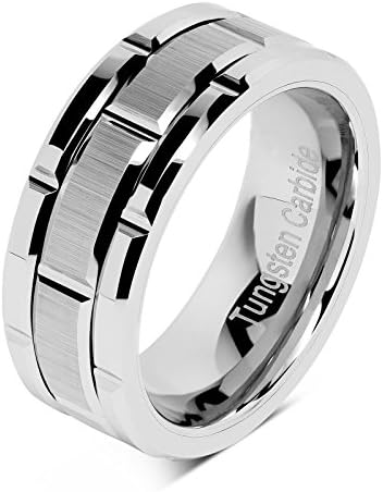 100S JEWELRY Tungsten Rings for Men Wedding Band Silver Brick Pattern Brushed Engagement Promise Size 6-16