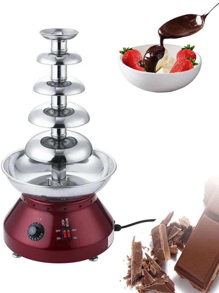 Electric Chocolate Fondue, 5 Tier Chocolate Fountain Machine with Quiet Motor, Intelligent Thermostat and Automatic Energy-Saving, for Dessert/Dipping for Parties, Weddings, Red