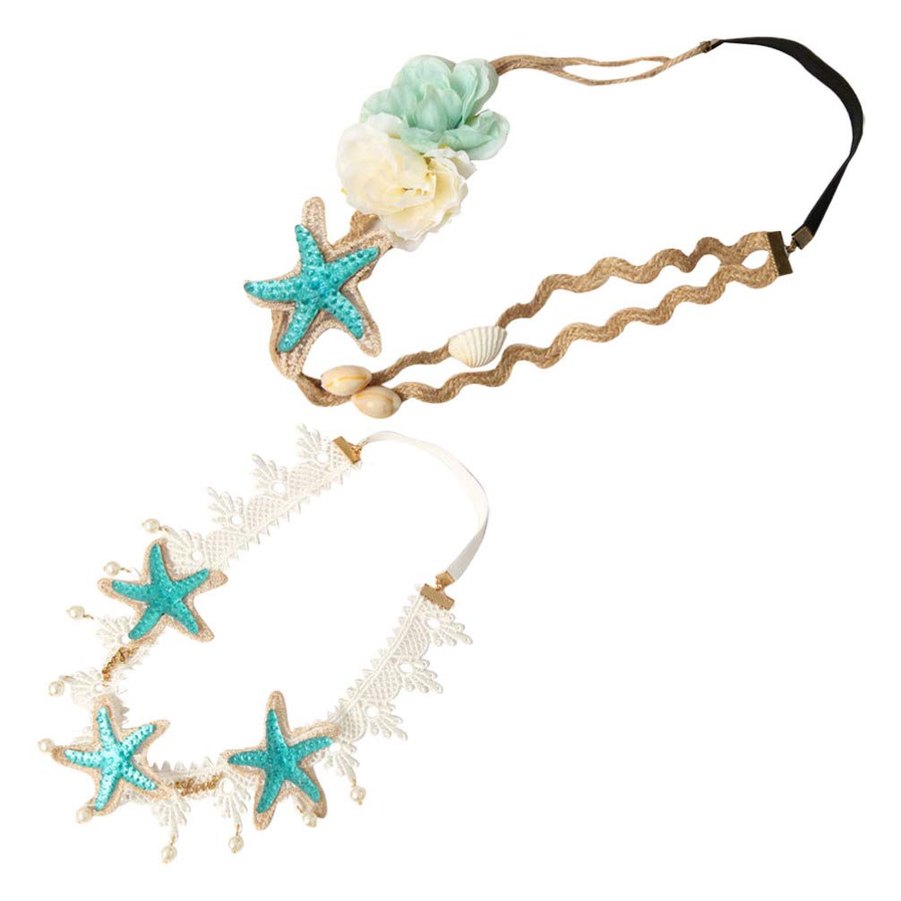 FRCOLOR 2pcs Sea Star Shell Wave Headband, Mermaid Hairbands Elastic Flowers Headpiece Seashell Hair Wreath for Women Girls