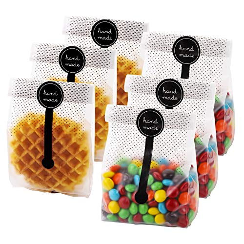 Jucoan 200 Pcs Translucent Plastic Cookie Bags with 200 Handmade Stickers, 3.5 x 9 Inch Cookies Treat Bags for Muffin Mini Loaf Chocolate Candy Snack Wrapping Bakery Packaging Gift Giving for Party