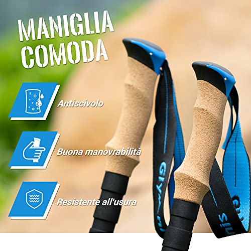 Glymnis Trekking Poles 3 Sections Adjustable Length 65-135 cm Aluminium 7075 with Quick Lock System and Cork Handle for Hiking Blue