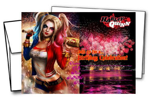 12 HARLEY QUINN Birthday Invitation Cards (12 White Envelops Included)