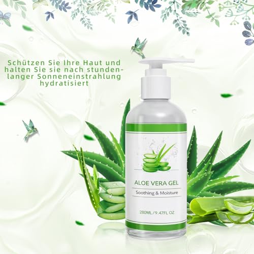 Aloe Vera Gel 280 ml - Aloe Vera Gel 100% Organic for Face, Natural, Soothing and Nourishing Moisturising Cream After Sun, for Face, Hair and Body