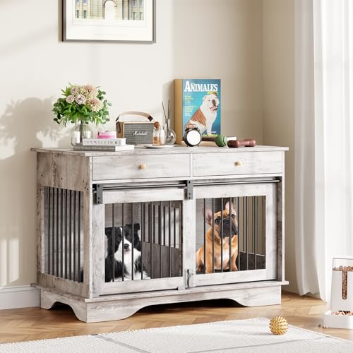 Photo 1 of 47" Dog Furniture Crate, Large Furniture Style Dog Crate w/ 2 Storage Draws & Removable Divider & Triple Door Design for Large/Medium/Small Dogs?Grey