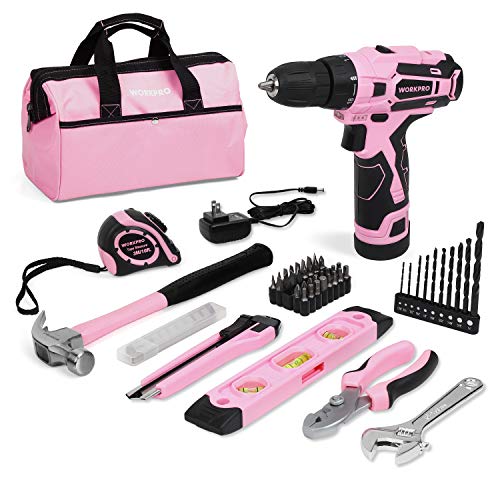 WORKPRO 12V Pink Cordless Drill Driver and Home Tool Kit, Hand Tool Set