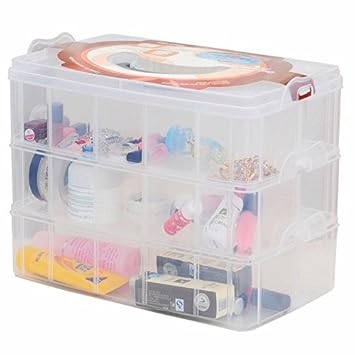 Djunxyan 3-Tier 30 Sections Transparent Stackable Adjustable Compartment Slot Plastic Craft Storage Box Organizer for Toy Desktop Jewelry Accessory Drawer Or Kitchen 4 Colors 3 Sizes(Large White)