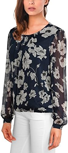 MeiC Women's Scoop Neck Long Sleeve Chiffon Blouse Top Large Navy Floral