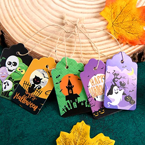 Koogel 120PCS Gift Tags, Halloween Paper Tags Bulk Halloween Theme Tags with Strings for Hanging Decoration Halloween Party Candy Bag