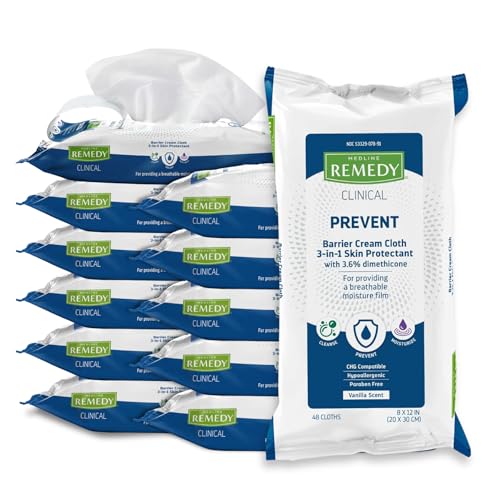 Medline Remedy Clinical Barrier Cream Cloths, Ultra-Gentle Skin Protection, Hypoallergenic & Pre-Moistened, Pack of 48