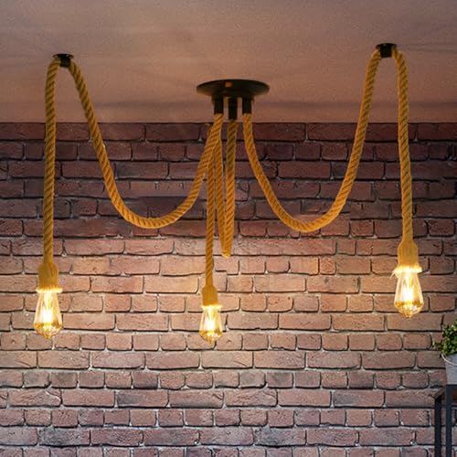ANWIO Hemp Rope Pendant Lamp, Industrial E27 Lamp, Rustic Ceiling Lamps with 3 Bases, Vintage Ceiling Lamp, Ideal for Dining Room, Restaurant, Bar, Cafe, Living Room, Living Room (No Bulbs)