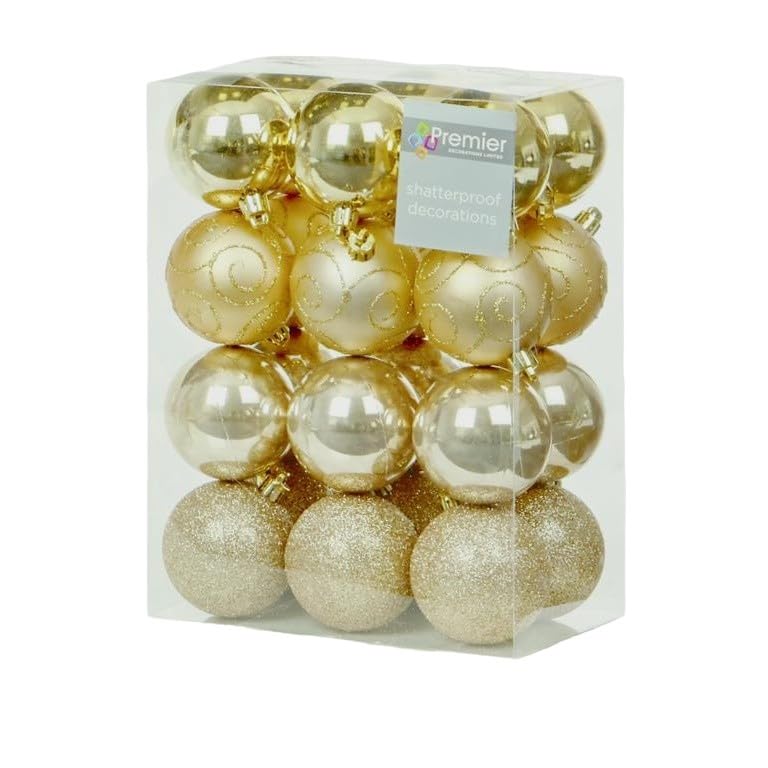 Premier Pack of 24 6cm Champagne Gold Shatterproof Baubles