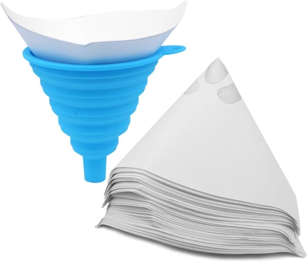 Wandou 200pcs Paint Strainer Filter 100 Mesh Disposable Nylon Conical Paper Purifying Cup Paint Paper Strainers with 1 Pcs Silicone Folding Funnel