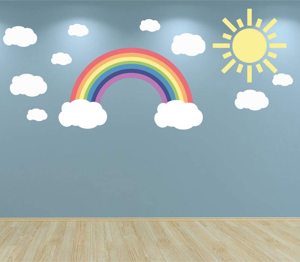 60 Second Makeover Limited Full Colour Pastel Rainbow Clouds and Sun Wall Sticker Decal Set Nursery Baby Room Playroom