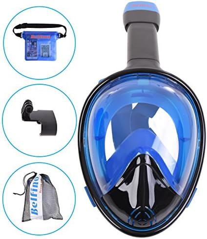 Panoramic Full Face Snorkel Mask Bundle - Belfino 180° View Snorkel Mask with Anti Fog Technology and Dry Top Snorkel. Removable GoPro Camera Mount and Waterproof Pouch Included