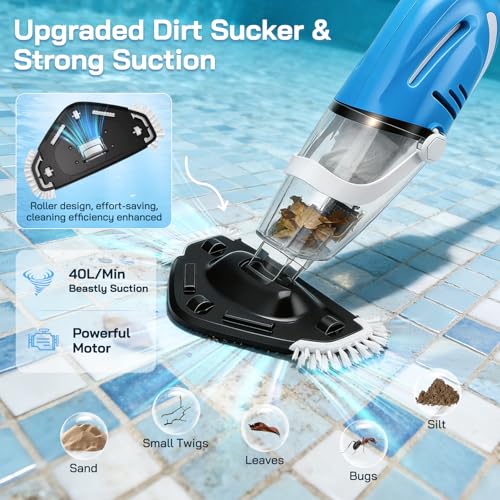 Wireless Pool Vacuum Cleaner, Dual Mode with 31 cm Triangle Brush & Crevice Nozzle, Automatic Immersion Start, 80 min Autonomy, Telescopic Rod 139-199 cm