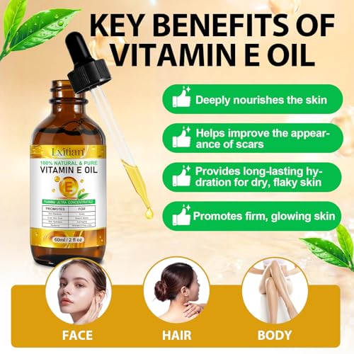Pure Vitamin E, 100% Natural Vitamin E Oil for Skin, Organic Vitamin E Oil 75,000 IU, for Scars and Stretch Marks, Hydration of Dry Skin and Reduces Wrinkles, Firming Skin, 60 ml