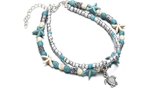 Softones Blue Starfish Turtle Anklet Multilayer Charm Beads Sea Handmade Boho Anklet Foot Jewelry for Women