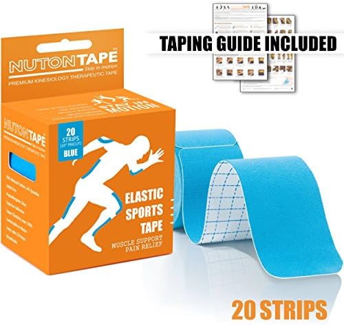 NUTONTAPETM Kinesiology Sports Tape for Muscle Support, Pain Reduction & Injury Recovery - KNEE, BACK, SHOULDER and more | Breathable, Water Resistant & Superior Adhesive | 20 Strips 10 inch Precut (BLUE) | 5m x 5cm - (Taping Guide Included)