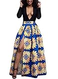 Voguegirl Women's African Floral Printed Split Pleated Maxi Skirt