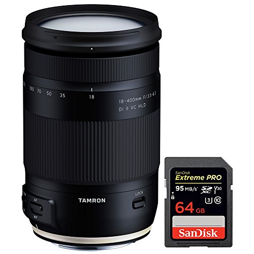 Tamron 18-400mm F/3.5-6.3 Di II VC HLD All-In-One Zoom Lens For Canon Mount (AFB028C-700) With Sandisk Extreme PRO SDXC 64GB UHS-1 Memory Card