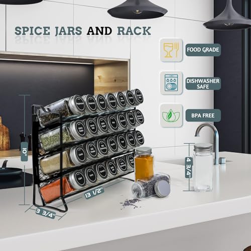 BOOM Spice Rack Organizer, 4-Tier Spice Organizer with 28 Empty Spice Jars and 432 Spice Labels, Organizer for Cabinet for Cabinet, Countertop, Pantry, Cupboard or Door & Wall Mount
