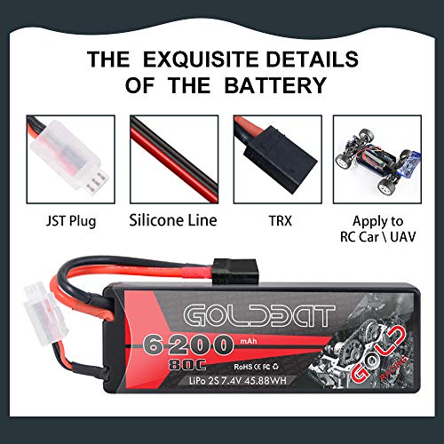 GOLDBAT 7.4V LiPo Batterie 2S 80C 6200mAh RC Batterie Hard Case Compatible with TR X Stecker für RC Car, Auto Evader BX… – Bild 5
