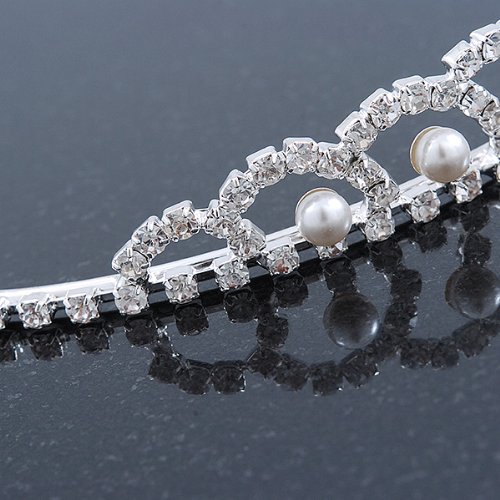 Princess Bridal/ Wedding/ Prom Rhodium Plated Austrian Crystal White Simulated Glass Pearl Tiara