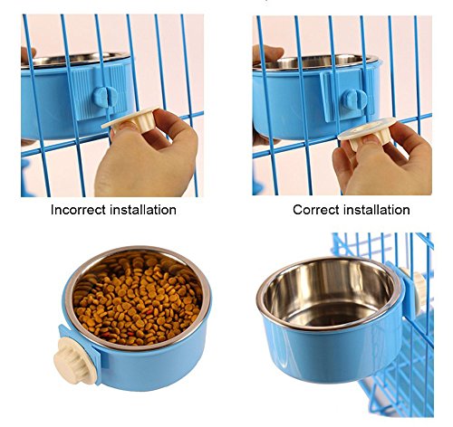 Dog Bowl Feeder Pet Puppy Food Water Bowl, 2-in-1 Plastic Bowl & Stainless Steel Bowl, Removable Hanging Cat Rabbit Bird Food Basin Dish Perfect for Crates & Cages, Blue