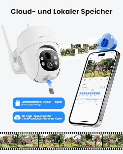 Cinnado Outdoor Surveillance Camera Battery Solar - 2K Wireless Camera Surveillance Outdoor 360° PTZ 2.4 GHz WiFi Outdoor Camera with Solar Panel, PIR Motion Sensor IP65, Colour Night Vision, 2-Way