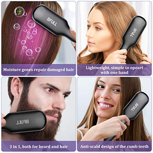Hair Straightener Brush BFULL Anti-Scald Ionic Hair Straightening Brush Comb with LCD Display 12-Temp Settings 30s Fast Ceramic Heating, Perfect for Styling Hair/Beard