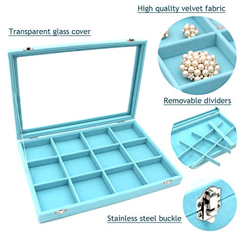 KLOUD City Jewelry Tray Box Showcase Display Storage Rings Earrings Necklaces Bracelet Broochs Organizer Removable Stackable Velvet Clear Lid with Lock (Light Blue 12 Grid)